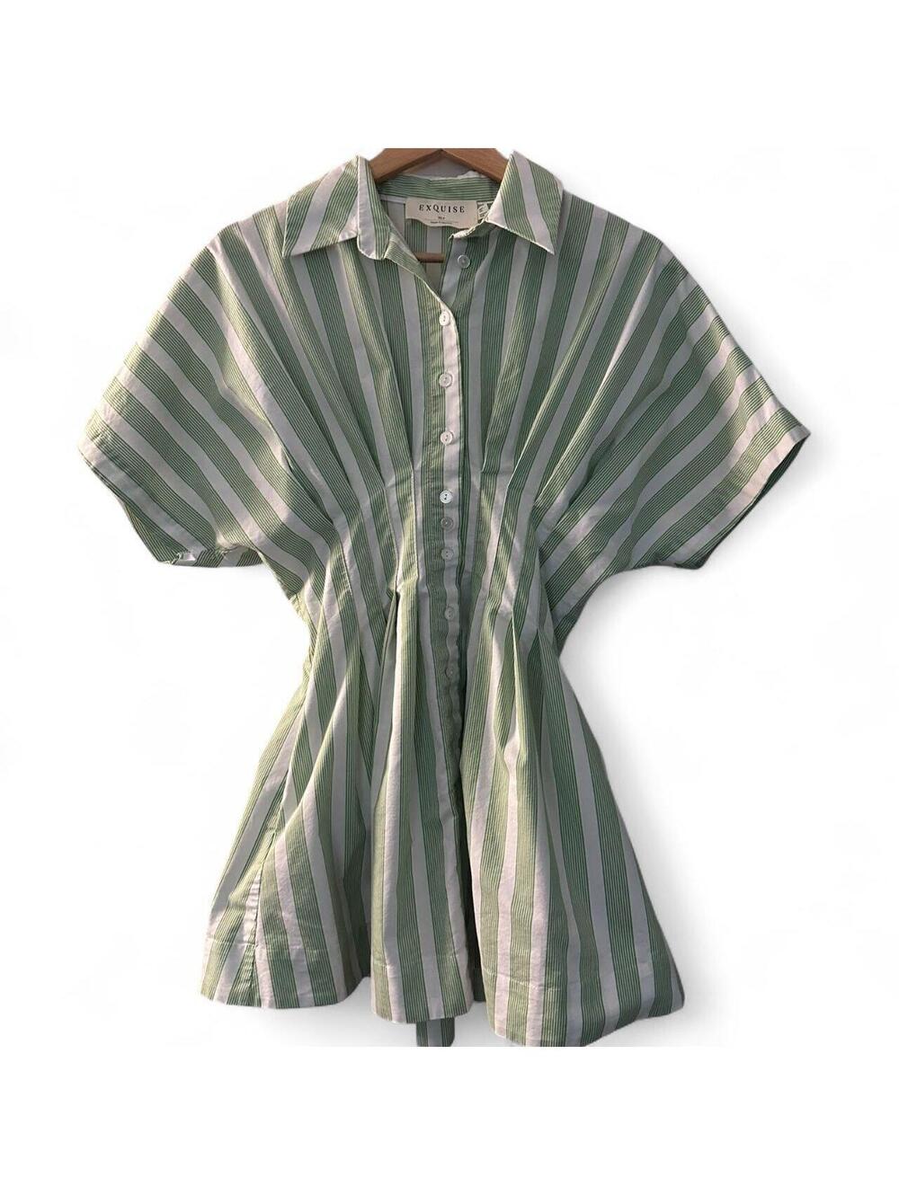 Anthropologie Exquise Tobie Green Striped Shirt Dress XSP